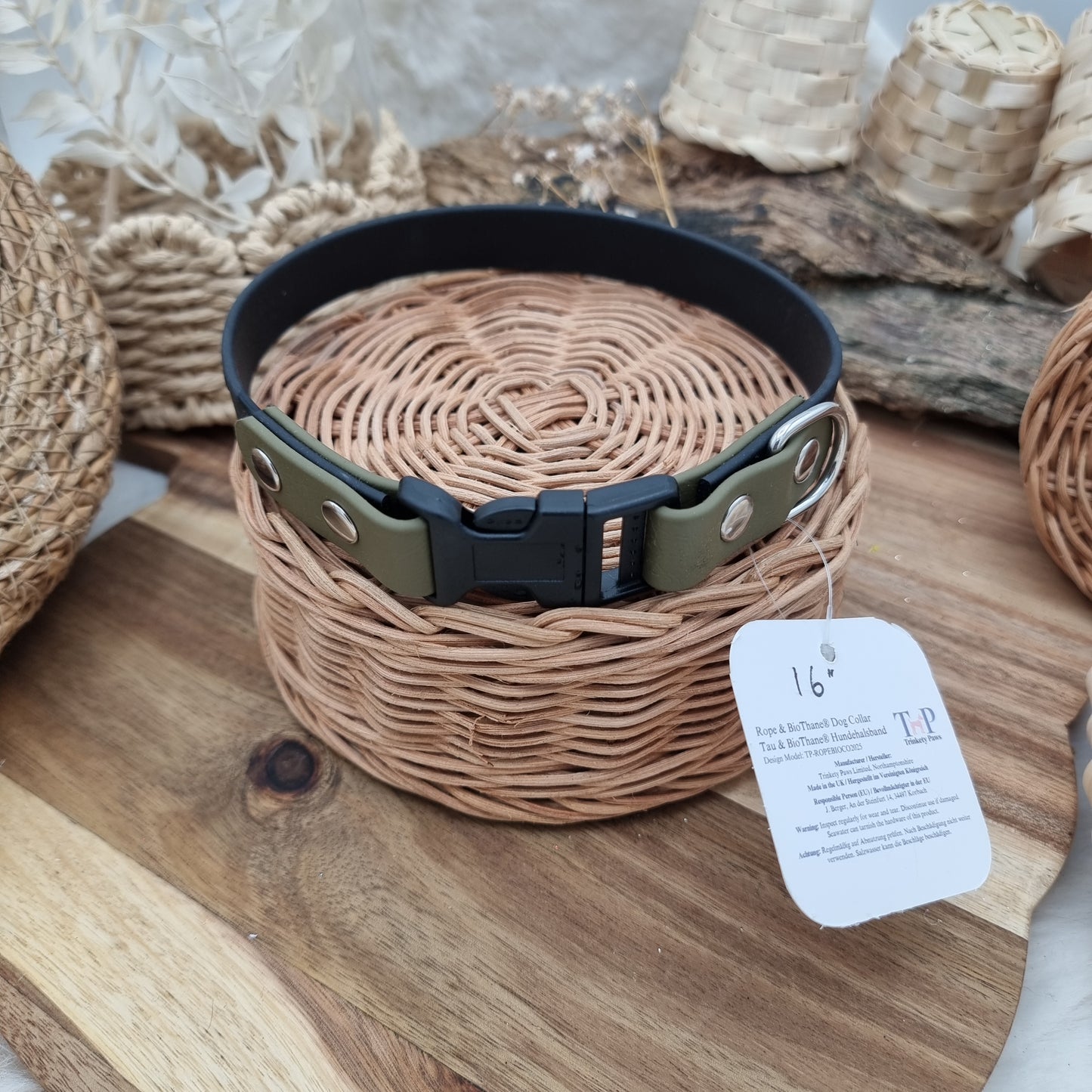 Biothane Dog Collar (fixed size) - Black/Olive (P) - (Fits Neck Size 15" Range M)