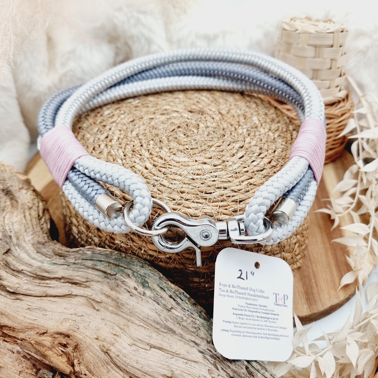 Rope Dog Collar - Silver/Grey - (Fits Neck Size 19" - Range XL)