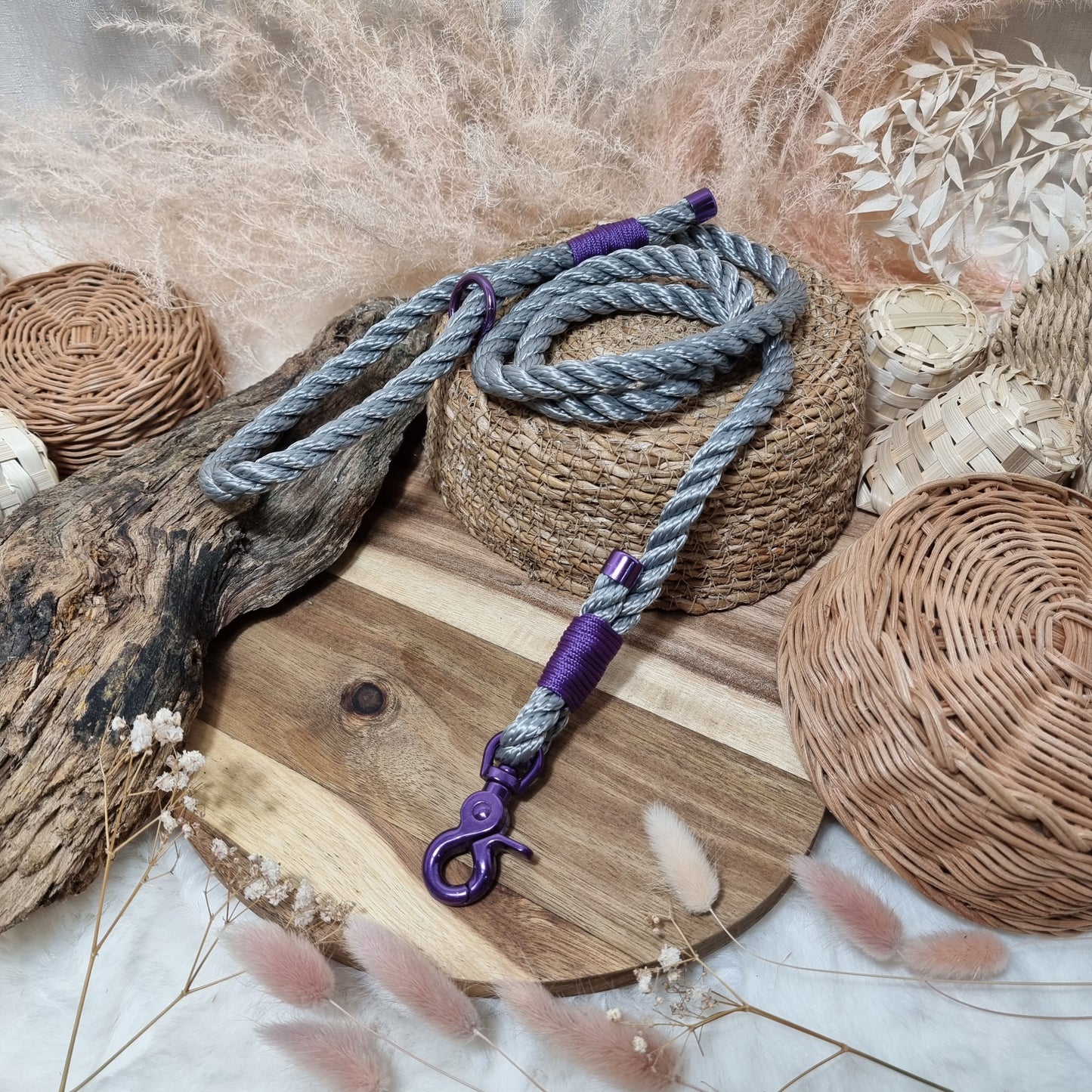 Grey Twisted / Purple (120cm length) Rope Dog Lead