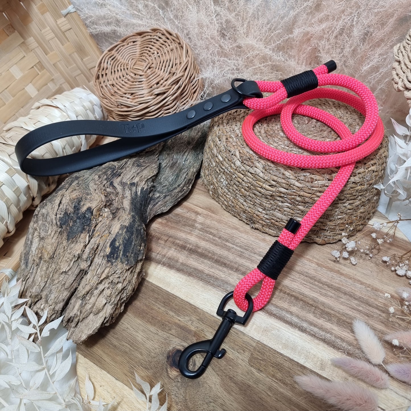 Neon Pink /Black BL (120cm length) Rope Biothane Dog Lead