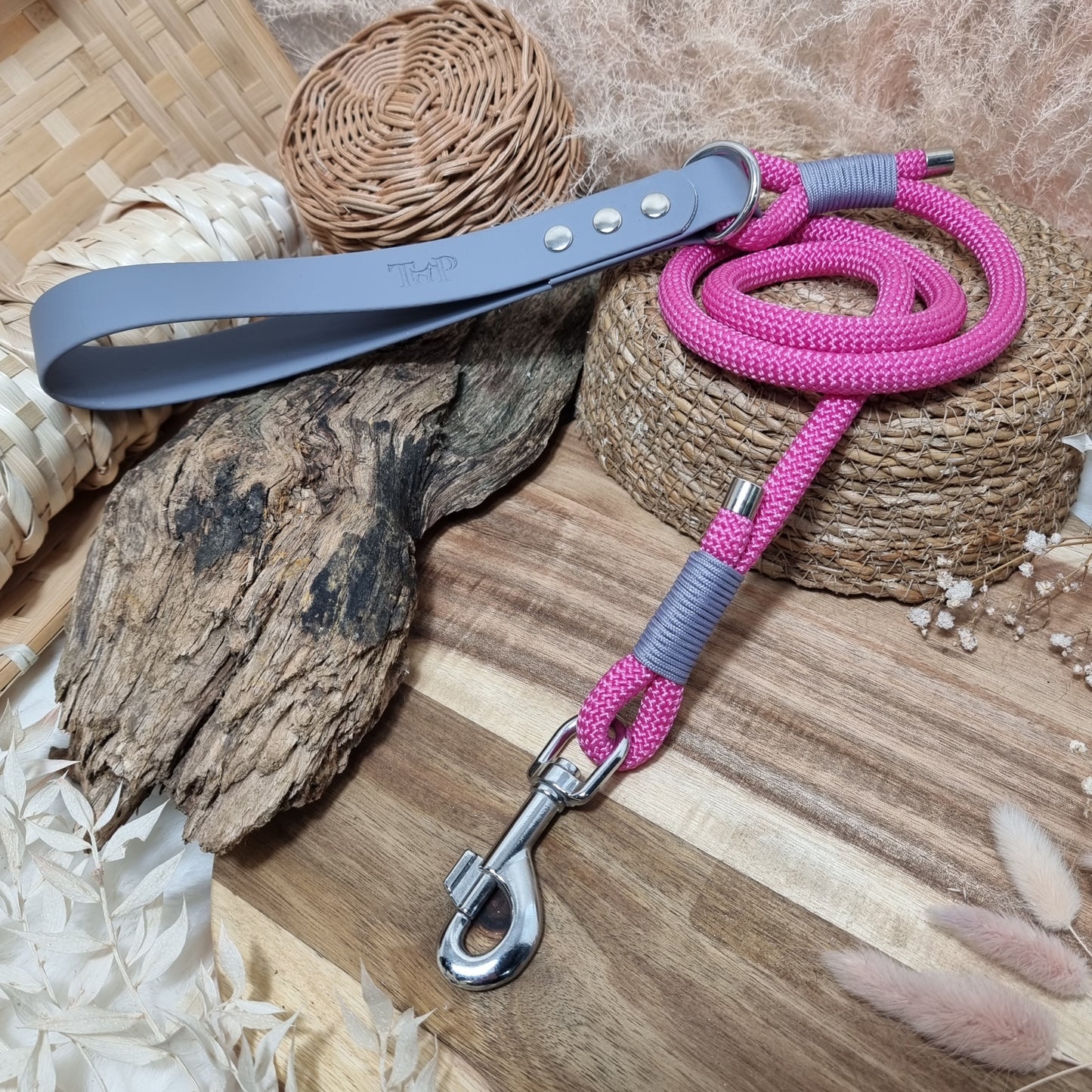 Pink & Grey SI - (120cm length) Rope Biothane Dog Lead