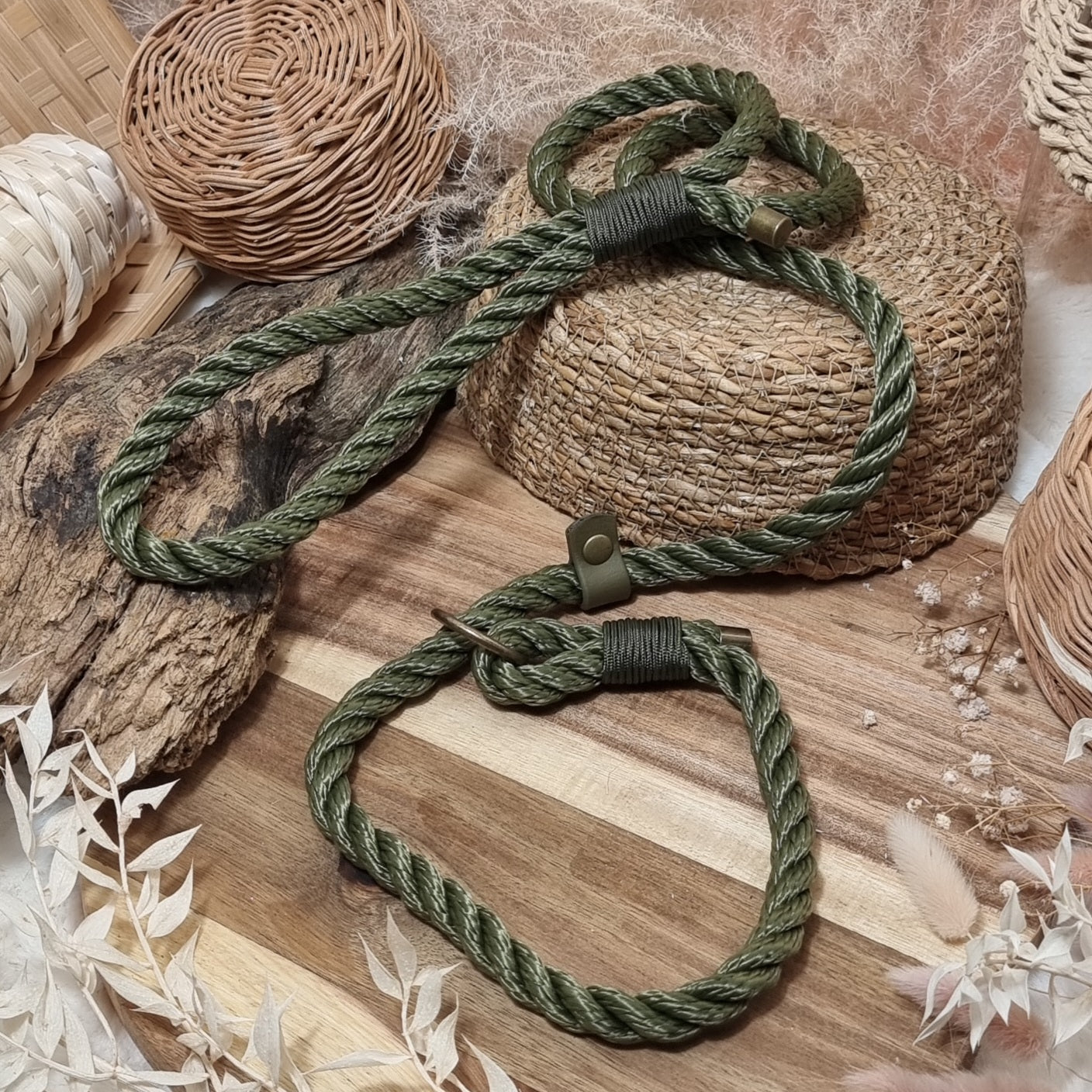 Olive Twisted - (120cm length / 10mm Rope) Rope Dog Slip Lead