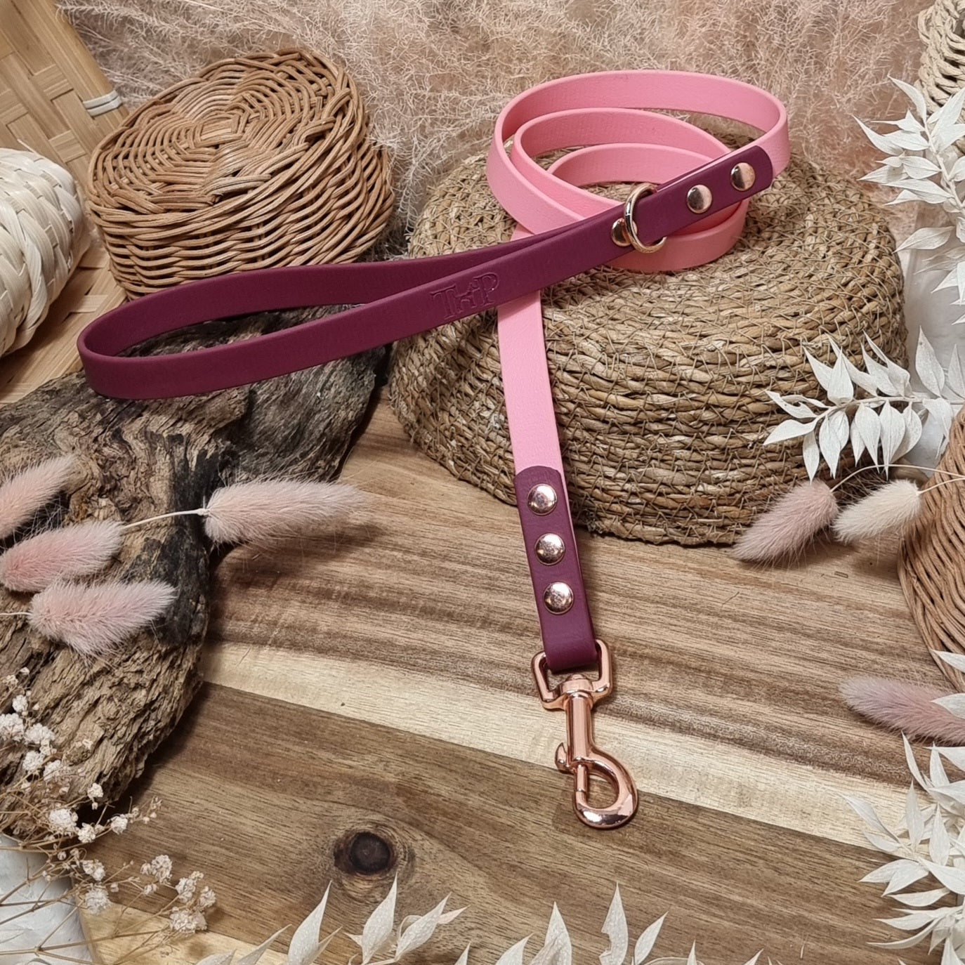 Baby Pink / Burgundy RG - (120cm length / Slim) Biothane Dog Lead