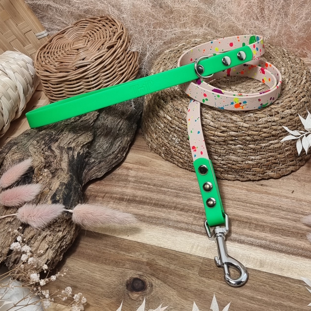 Nude & Neon Green Splash - (120cm length / Slim) Biothane Dog Lead