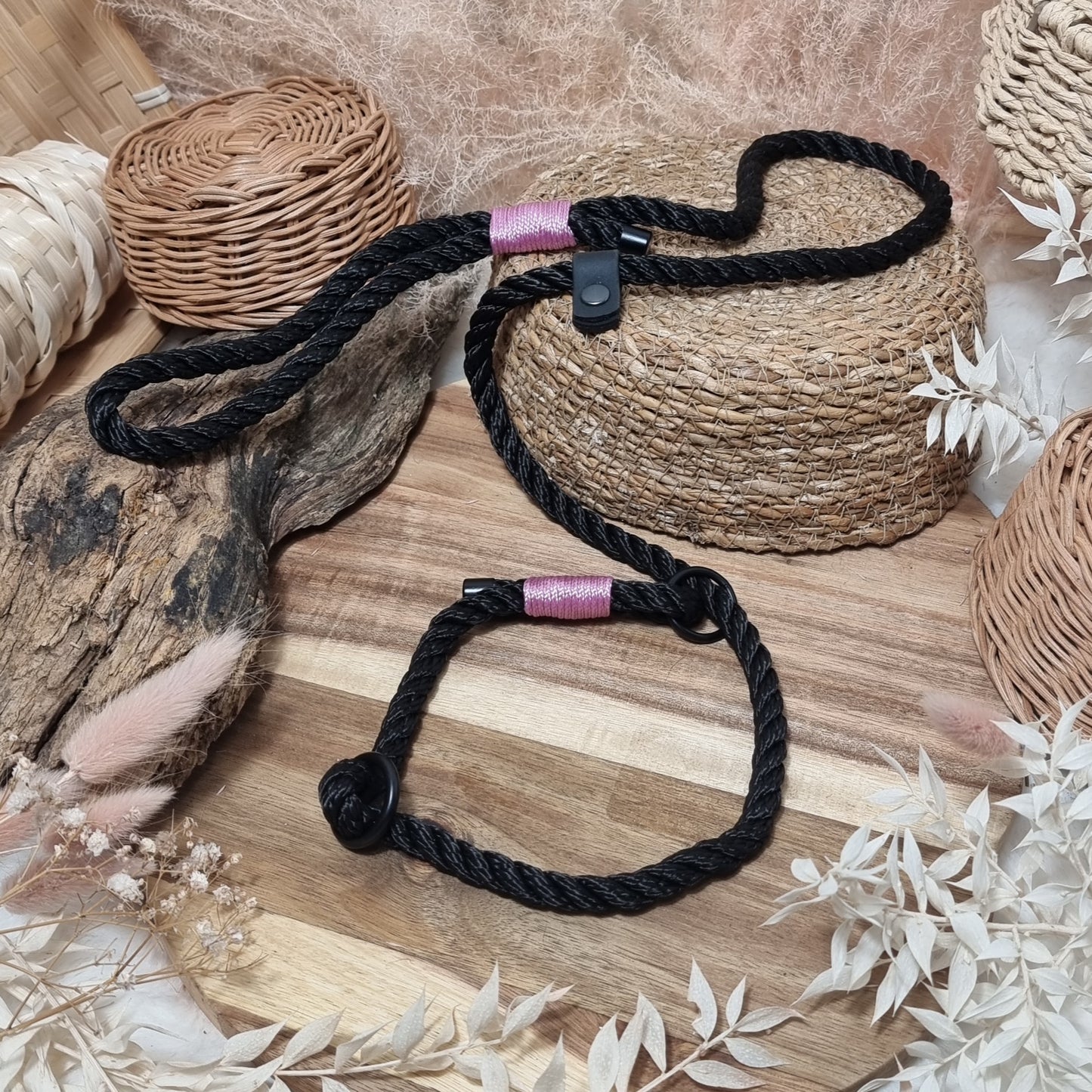 Black & Pink Twisted - (90cm length / 8mm Rope) Rope Dog Slip Lead