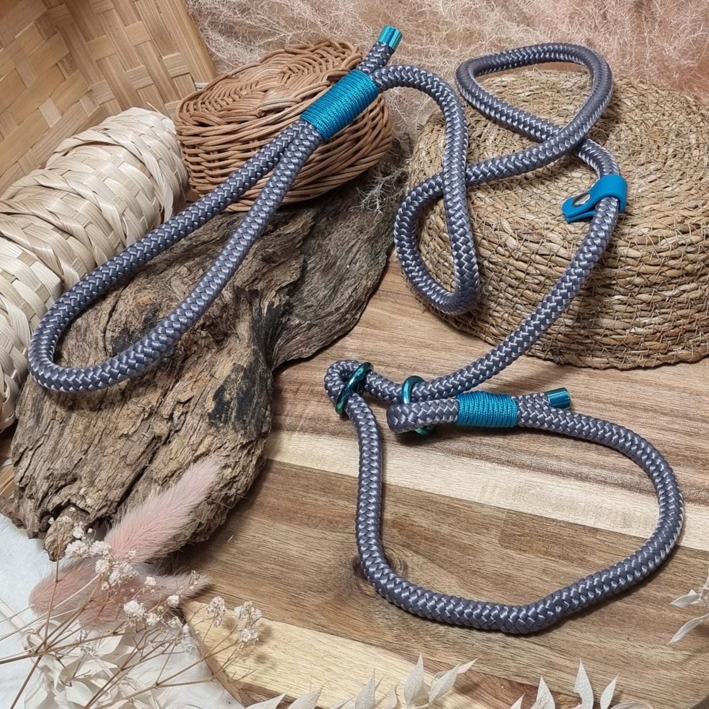 Grey & Turquoise - (120cm length / 10mm Rope) Rope Dog Slip Lead