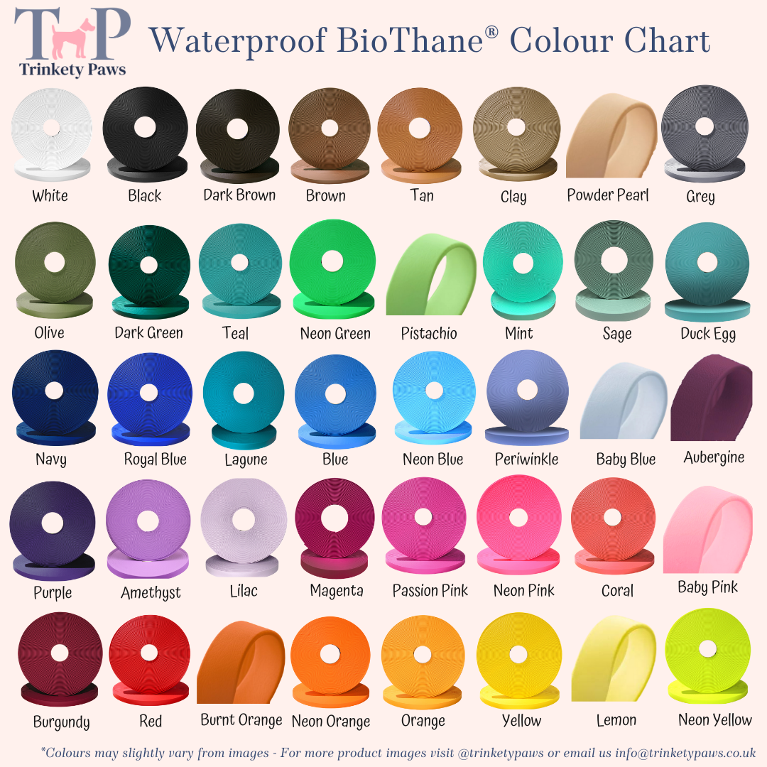 Color chart for Waterproof BioThane by Trinkety Paws with various color swatches.