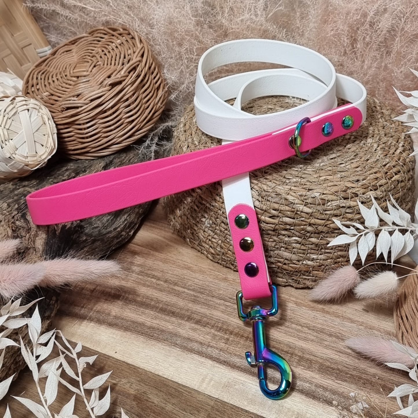 White & Neon Pink RB - (120cm length / Regular) Biothane Dog Lead