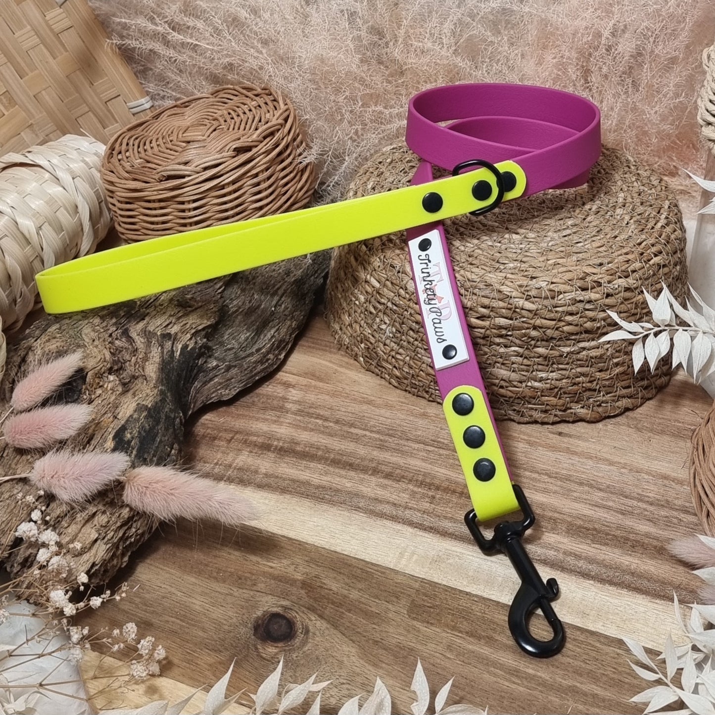 Pink Berry / Neon Yellow - (90cm length / Regular) Waterproof Webbing Dog Lead