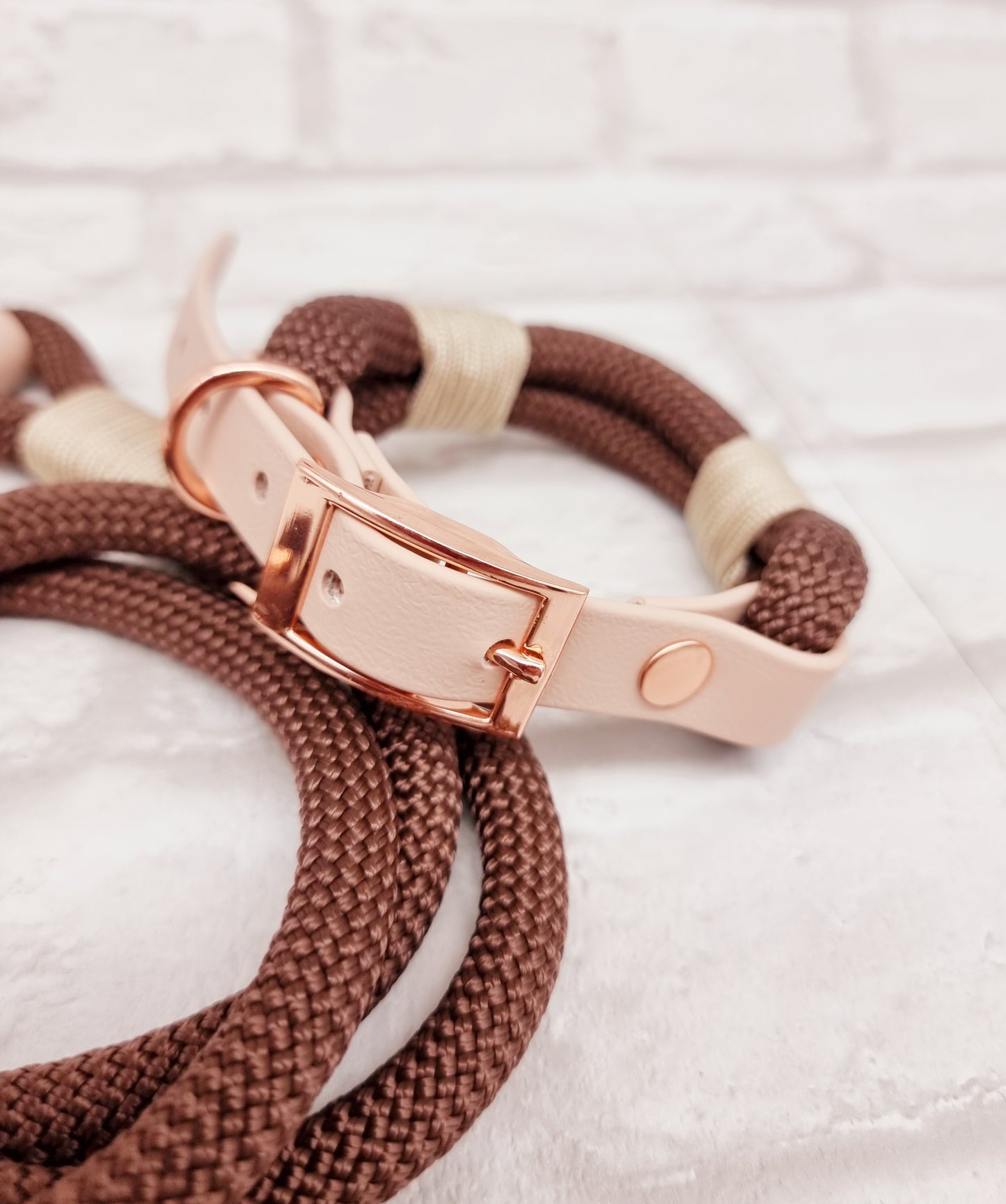 Dark Brown & Powder Pearl - Classic Rope Dog Collar