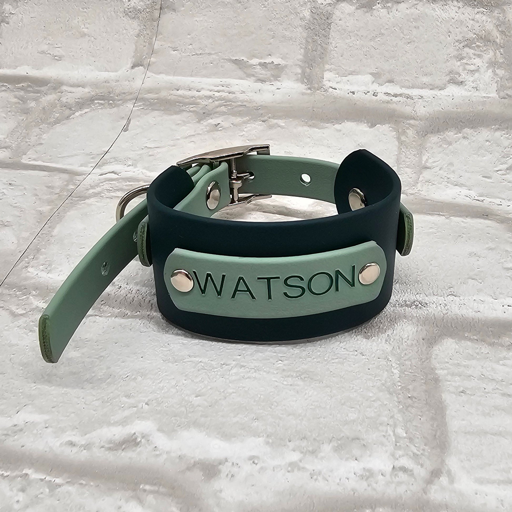 Green leather dog collar with 'Watson' engraving on a textured white background