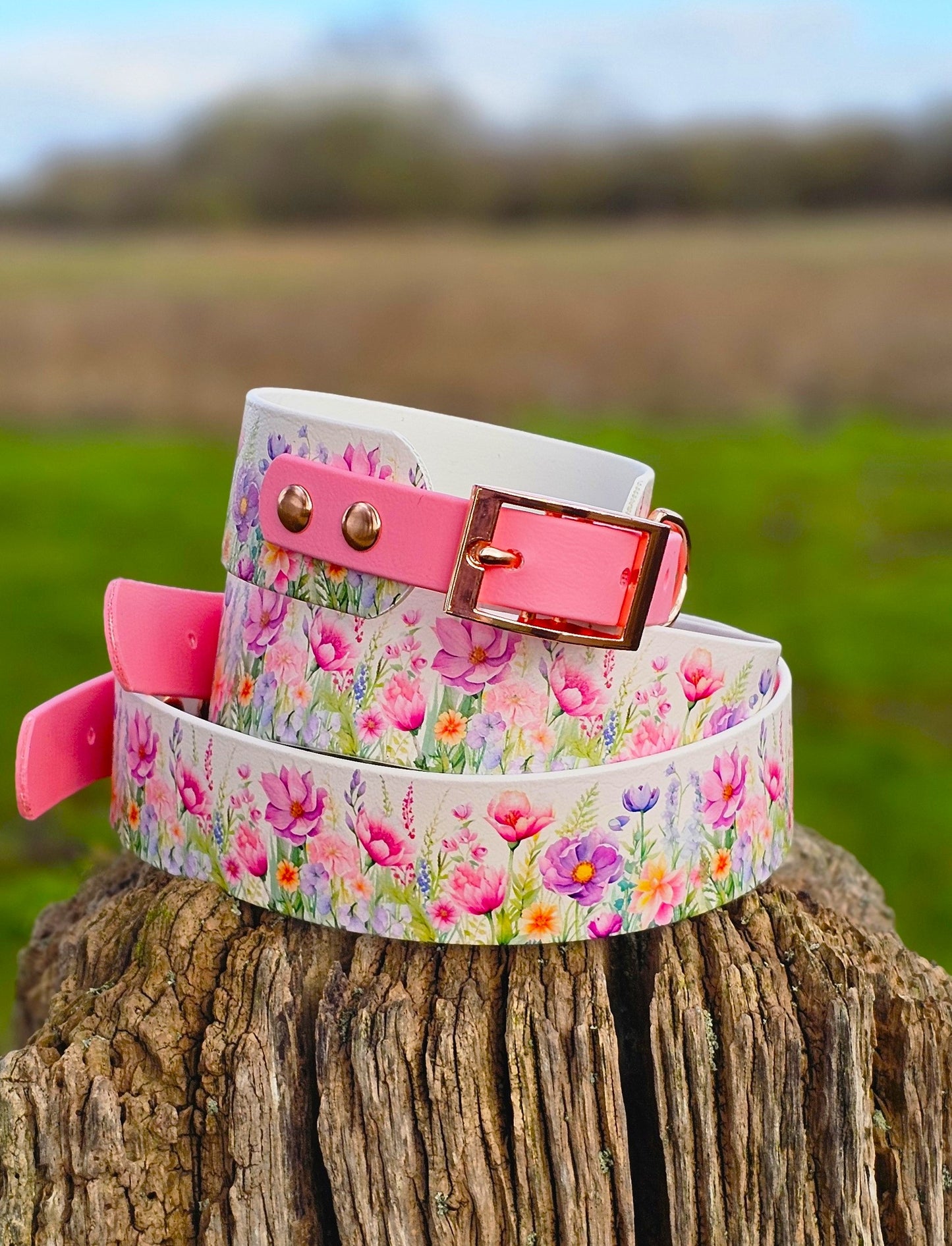 Pink Blossom - Printed Waterproof BioThane® Sighthound Collar / wide-fit Dog Collar
