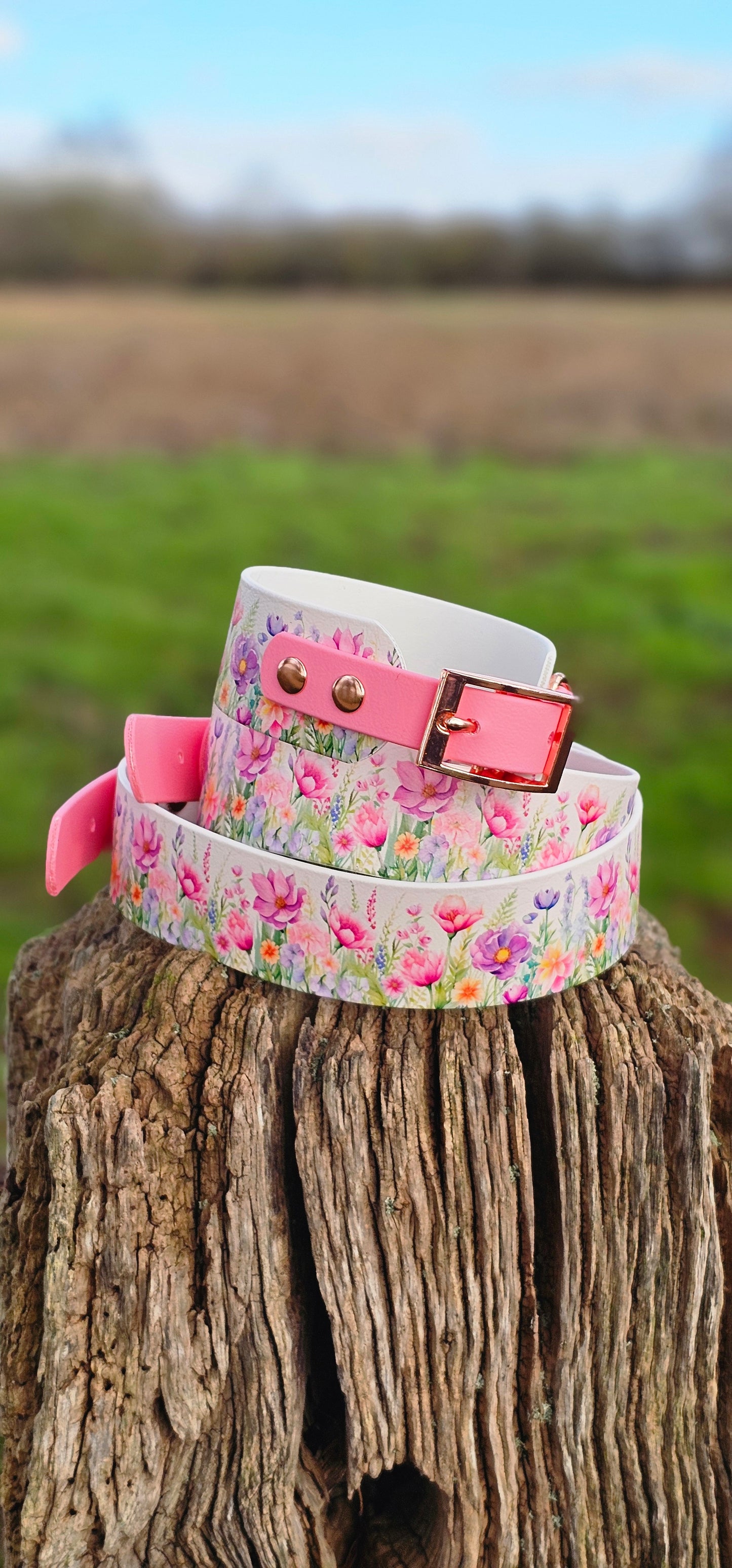 Pink Blossom - Printed Waterproof BioThane® Sighthound Collar / wide-fit Dog Collar