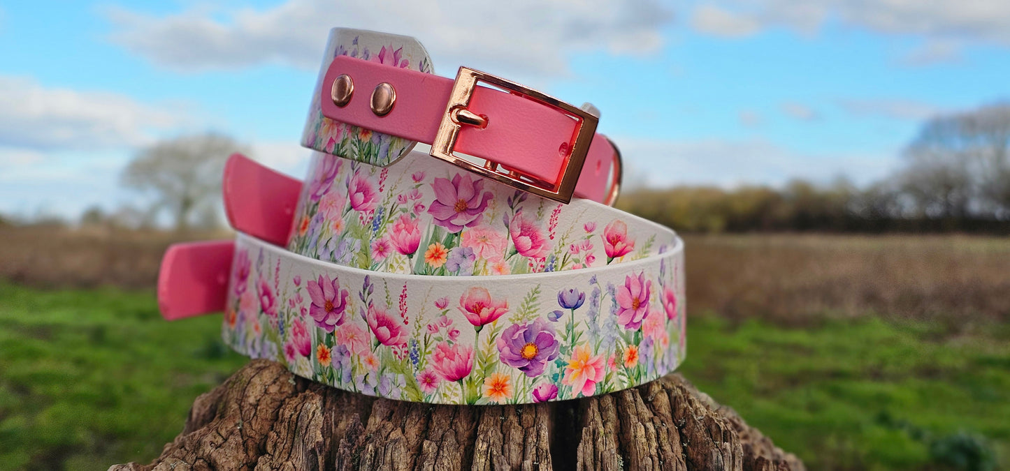 Pink Blossom - Printed Waterproof BioThane® Sighthound Collar / wide-fit Dog Collar