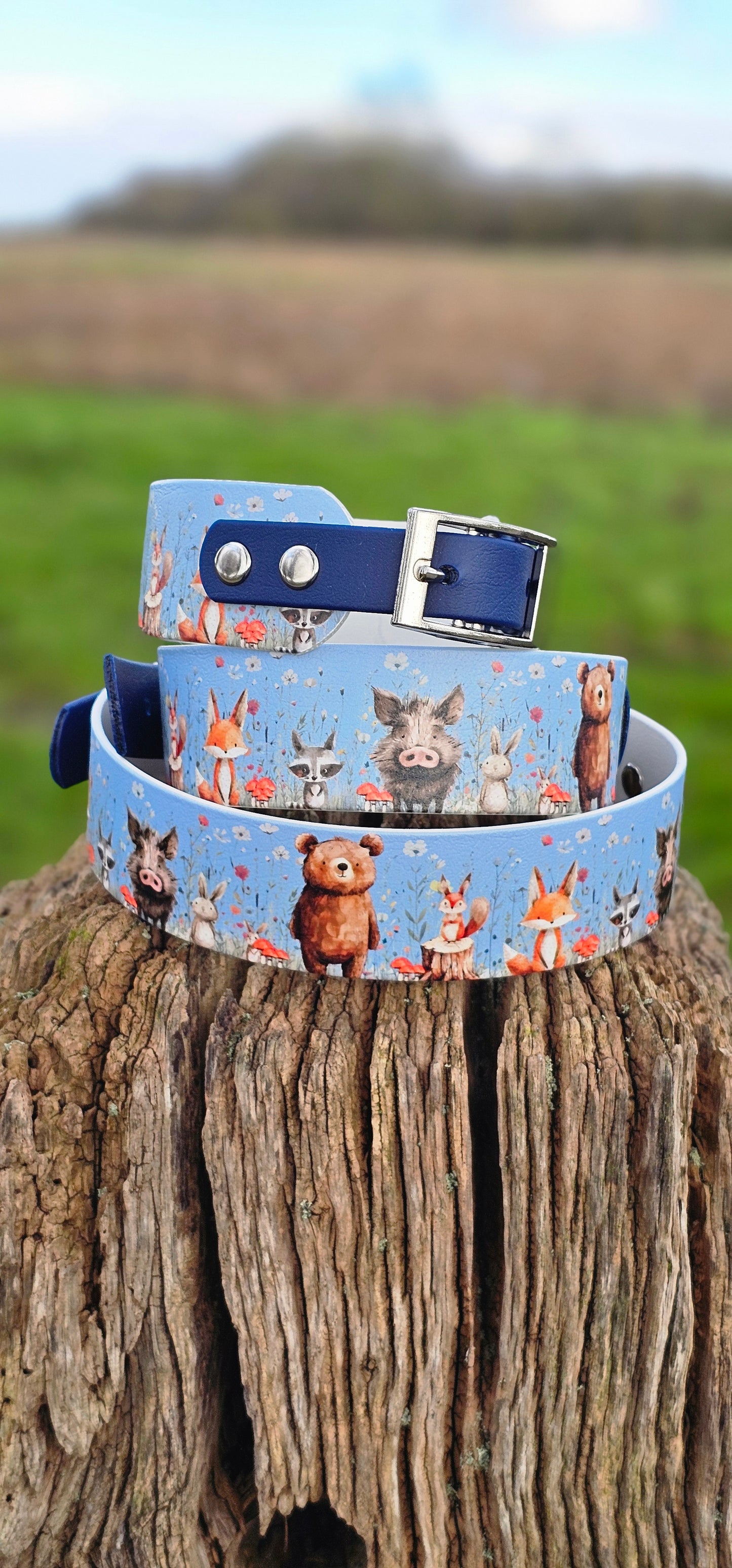 Forest Friends - Printed Waterproof BioThane® Sighthound Collar / wide-fit Dog Collar
