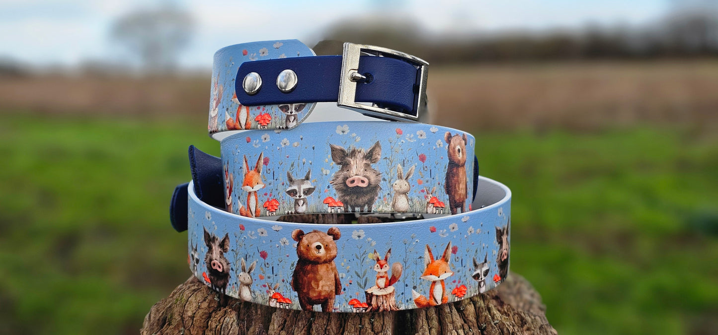 Forest Friends - Printed Waterproof BioThane® Sighthound Collar / wide-fit Dog Collar