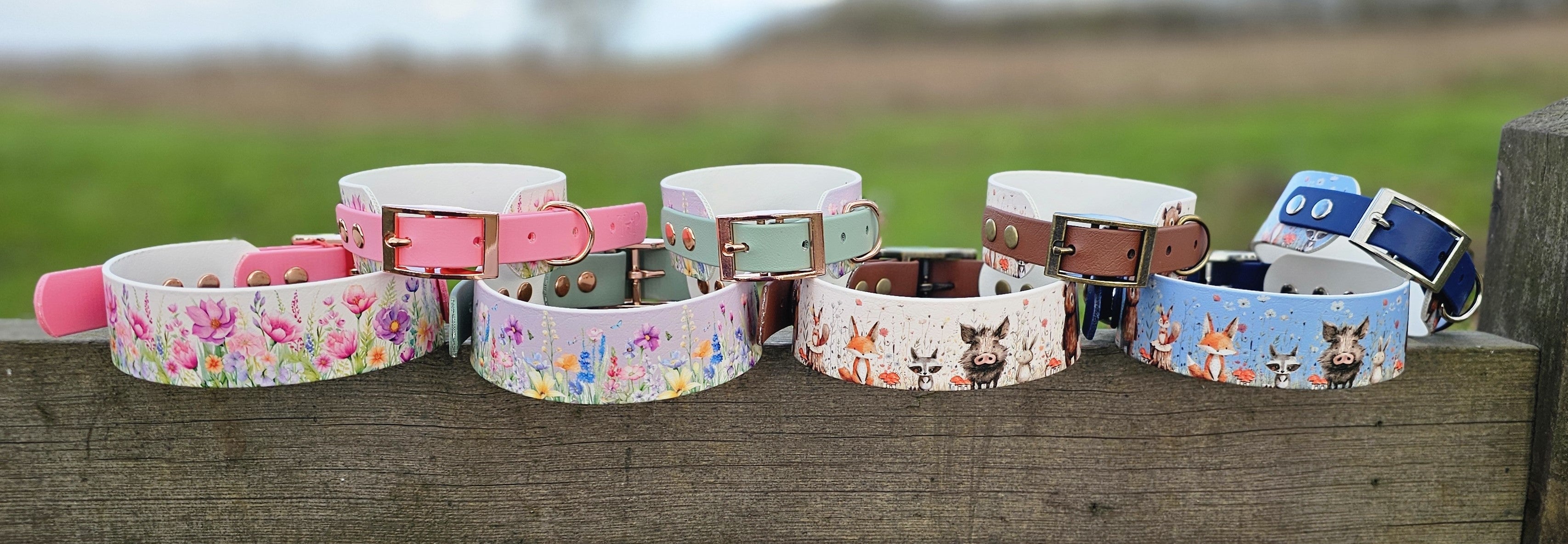 Collection of colorful dog collars on a wooden surface with a natural background