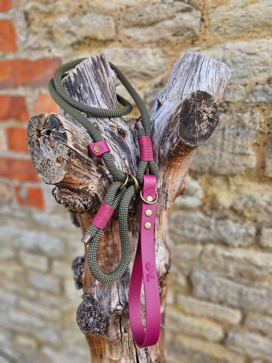 Army Green & Burgundy - Classic Rope Slip Lead / Figure 8 Dog Lead