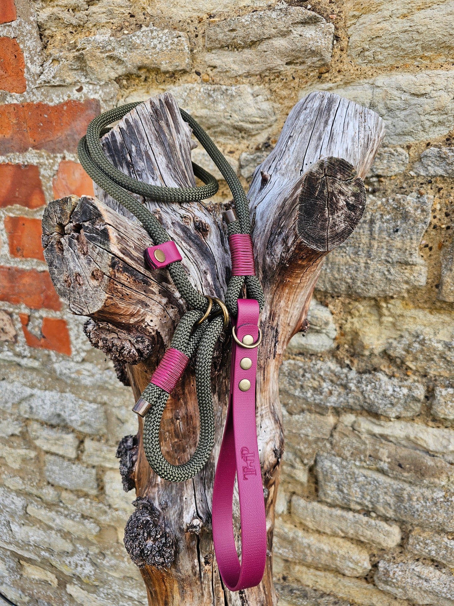 Army Green & Burgundy - Classic Rope Slip Lead / Figure 8 Dog Lead