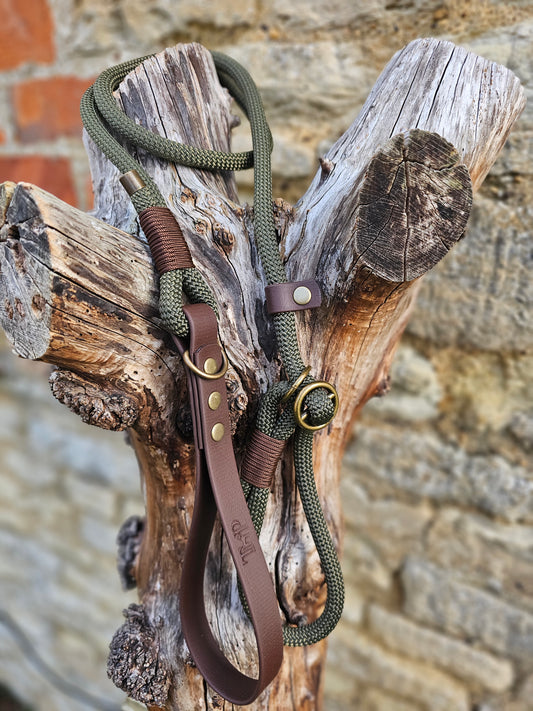 Army Green & Dark Brown - Classic Rope Slip Lead / Figure 8 Dog Lead