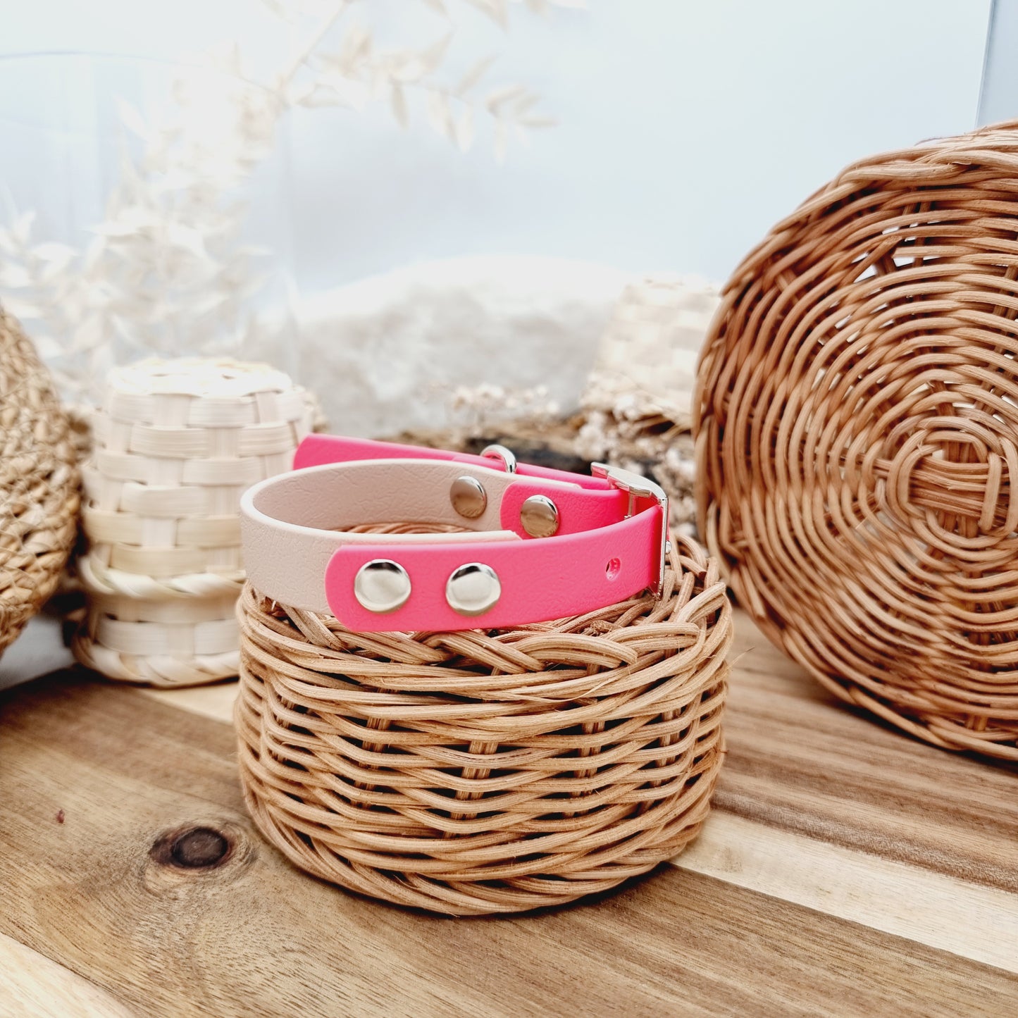 Powder Pearl & Neon Pink (SI) Size XS - two-coloured Biothane Dog Collar