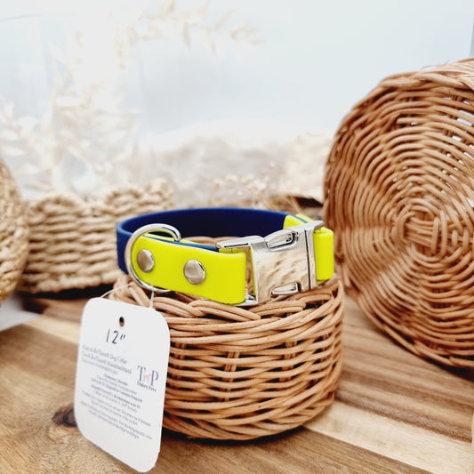 Biothane Dog Collar (fixed size) - Navy/NeonYellow (SI) - (Fits Neck Size 11" Range XS)