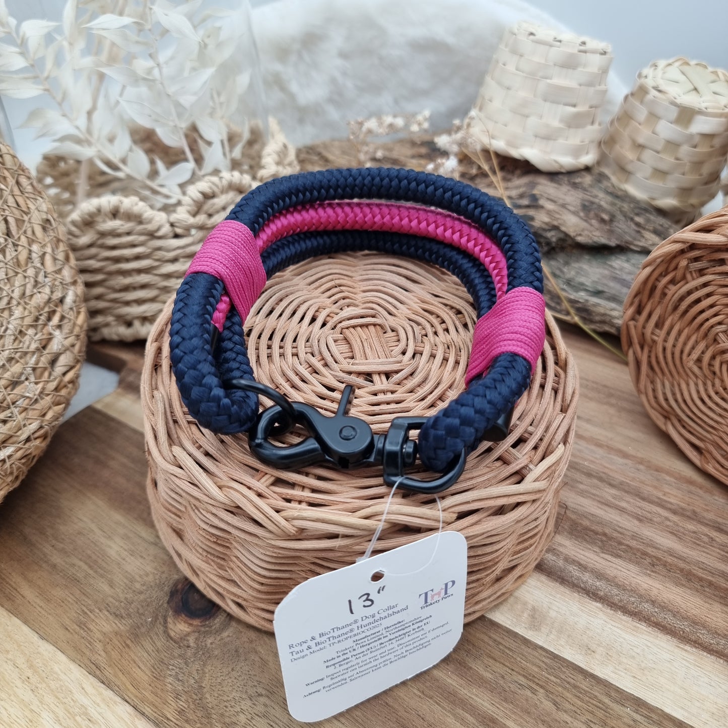 Rope Dog Collar - Navy & Magenta- (Fits Neck Size 12" - Range S)