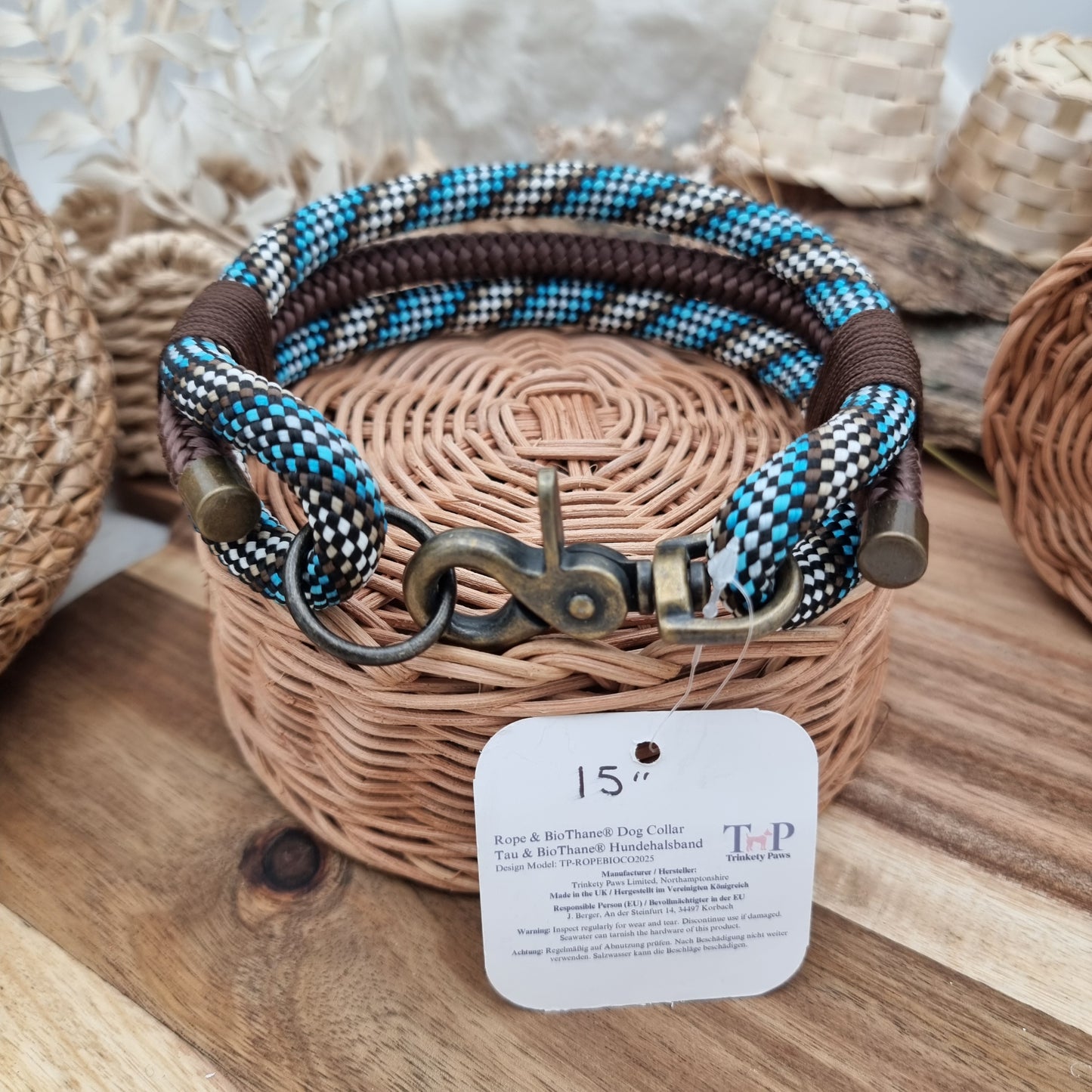 Rope Dog Collar - Blue Checkered - (Fits Neck Size 14" - Range M)