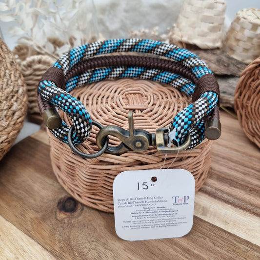 Rope Dog Collar - Blue Checkered - (Fits Neck Size 14" - Range M)