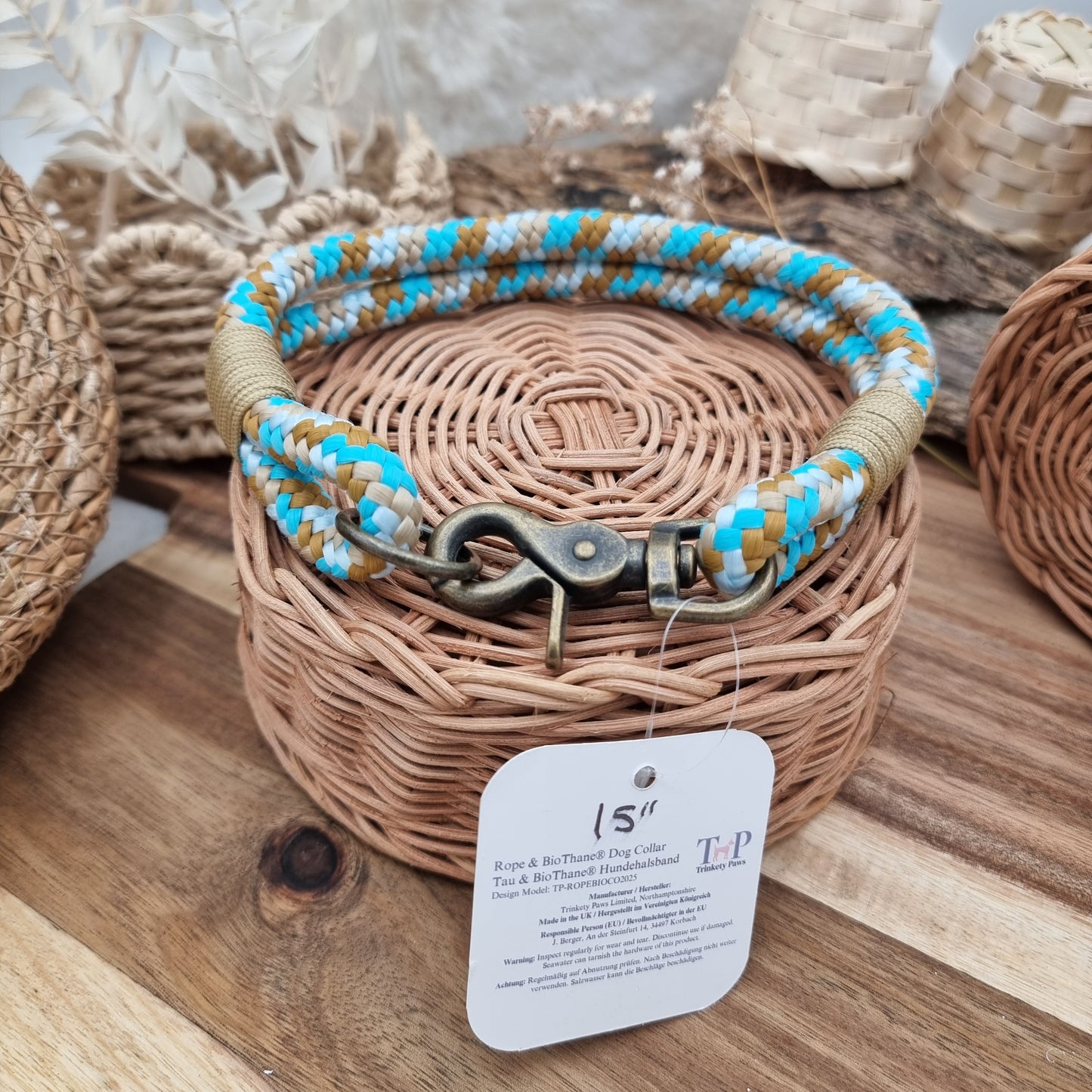 Rope Dog Collar - Turquoise Gold - (Fits Neck Size 14" - Range M)