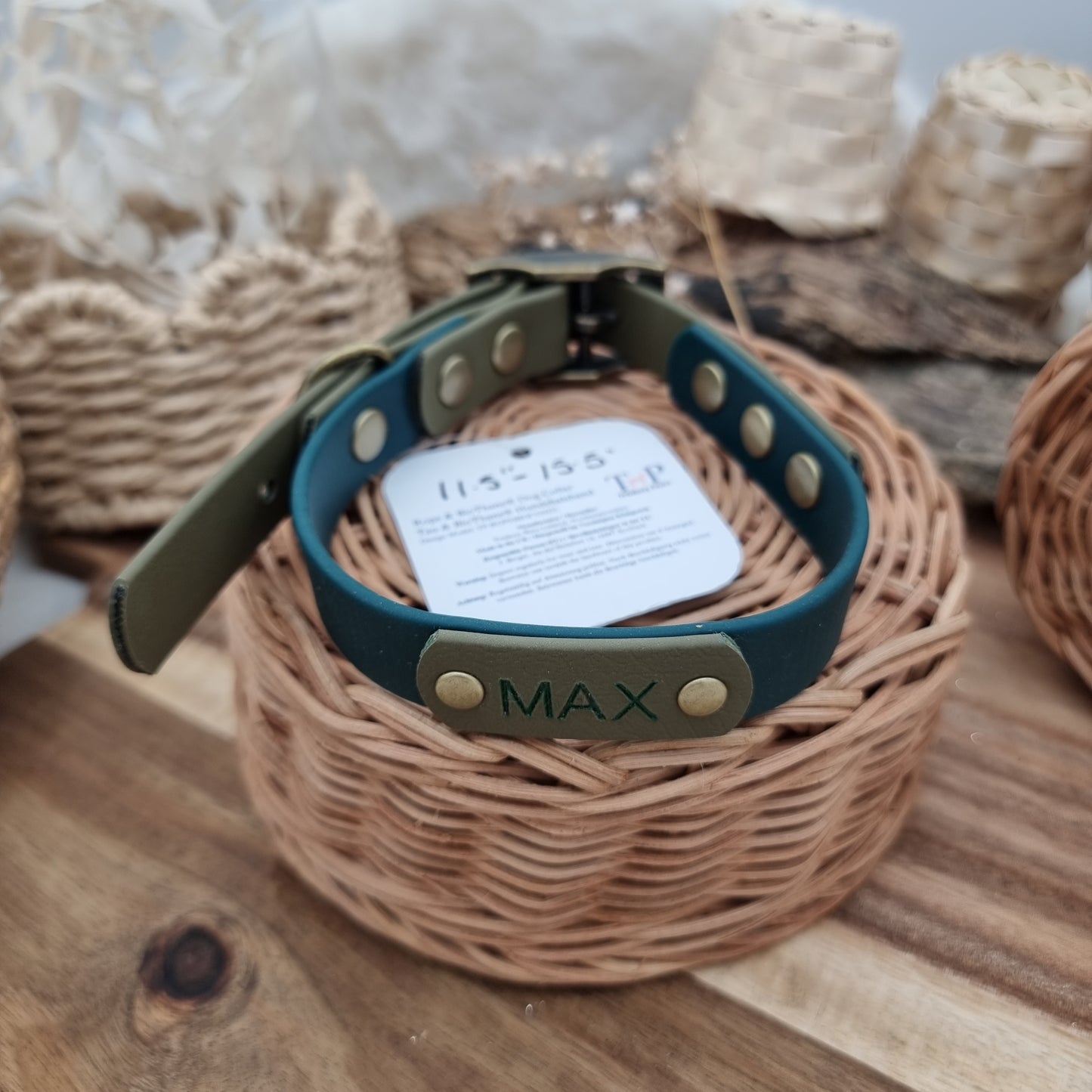 Dark Green & Olive (AB) Size Medium *Name Engraved - Max) - two-coloured Biothane Dog Collar