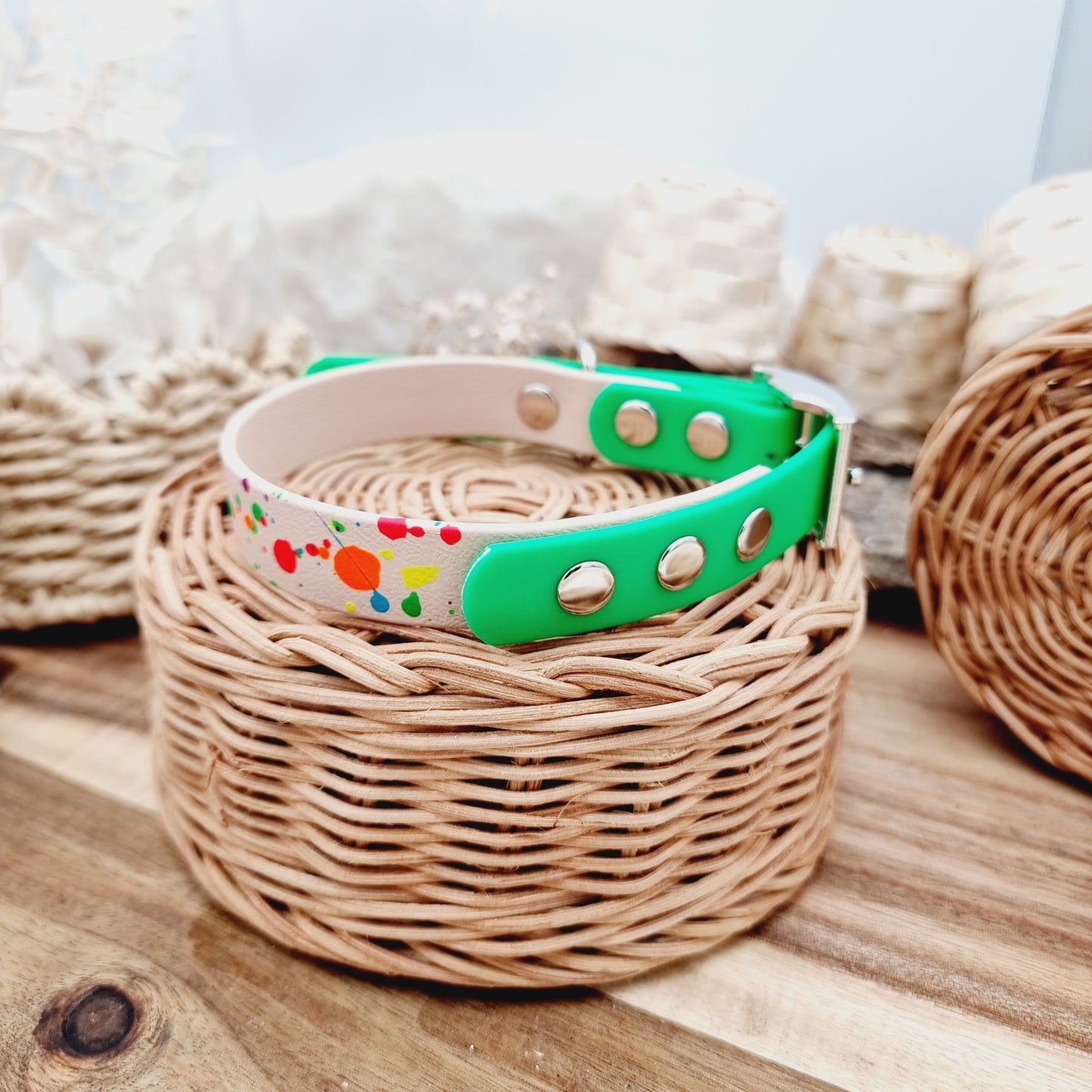 Nude Splash & Neon Green - two-coloured Biothane Dog Collar