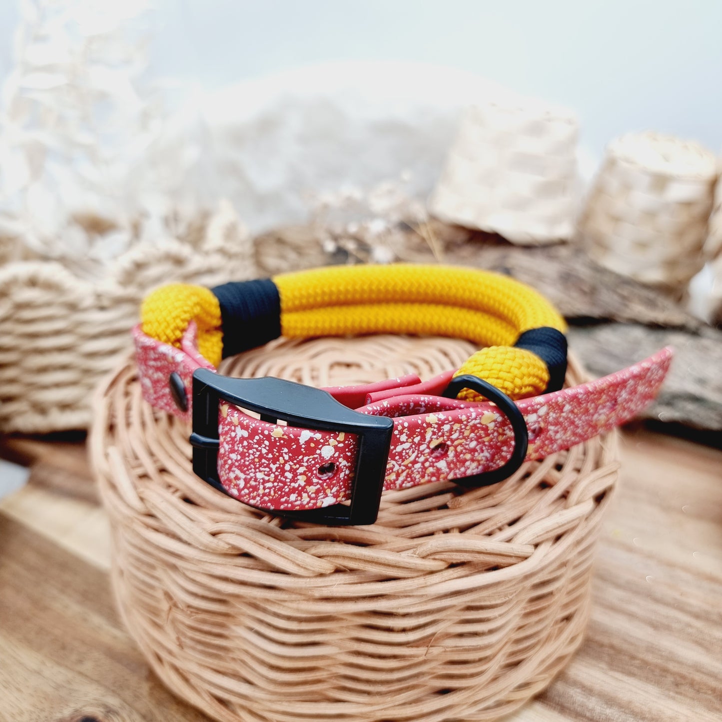 Golden Rod & Red Splash (Size Medium) - Rope Biothane Dog Collar