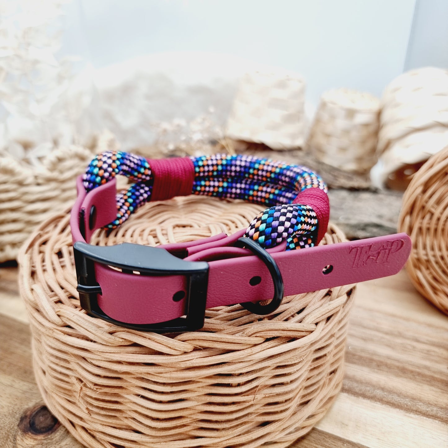 Rollerdisco & Burgundy (Size Medium) - Rope Biothane Dog Collar