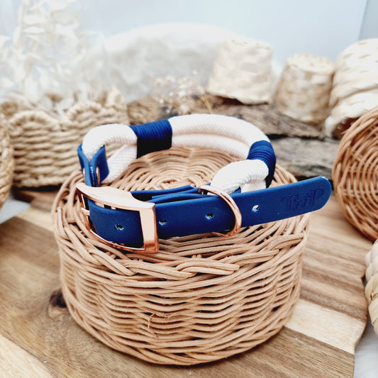 Cream & Navy (Size Medium) - Rope Biothane Dog Collar