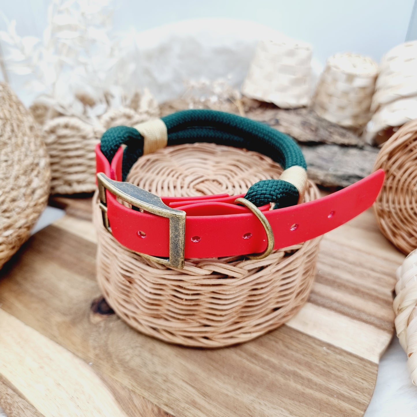 Dark Green & Red (Size Large) - Rope Biothane Dog Collar