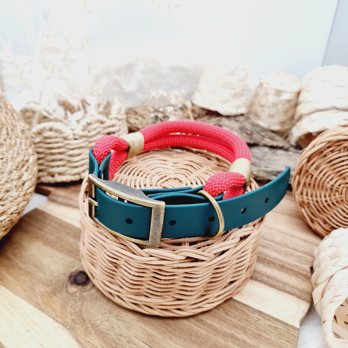 Red & Dark Green (Size Large) - Rope Biothane Dog Collar