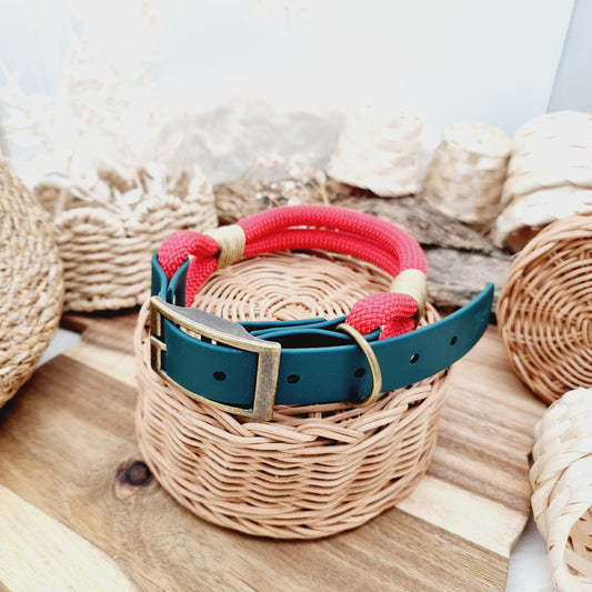 Red & Dark Green (Size Large) - Rope Biothane Dog Collar