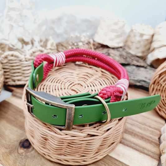 Red & Olive (Size Large) - Rope Waterproof Webbing Dog Collar