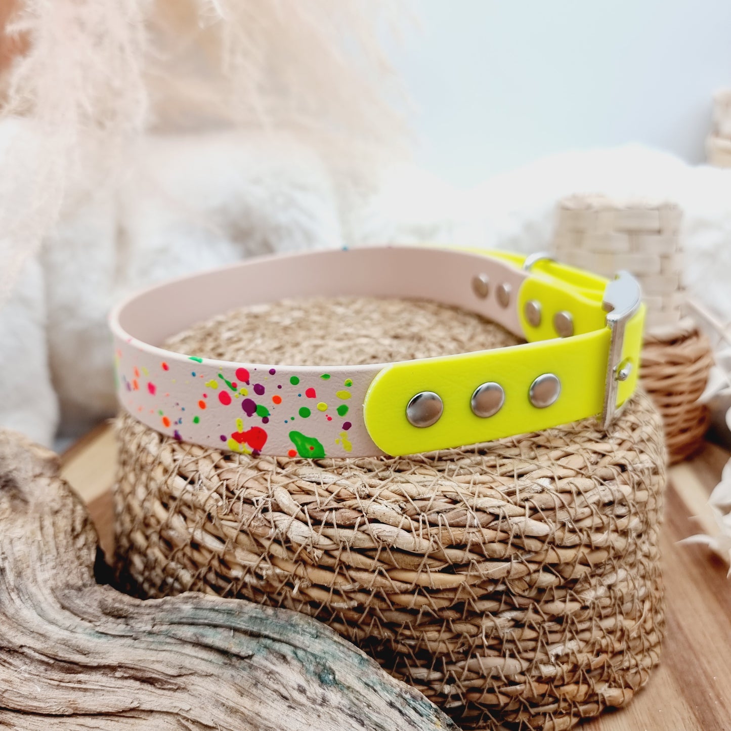 Nude Splash & Neon Yellow - two-coloured Biothane Dog Collar