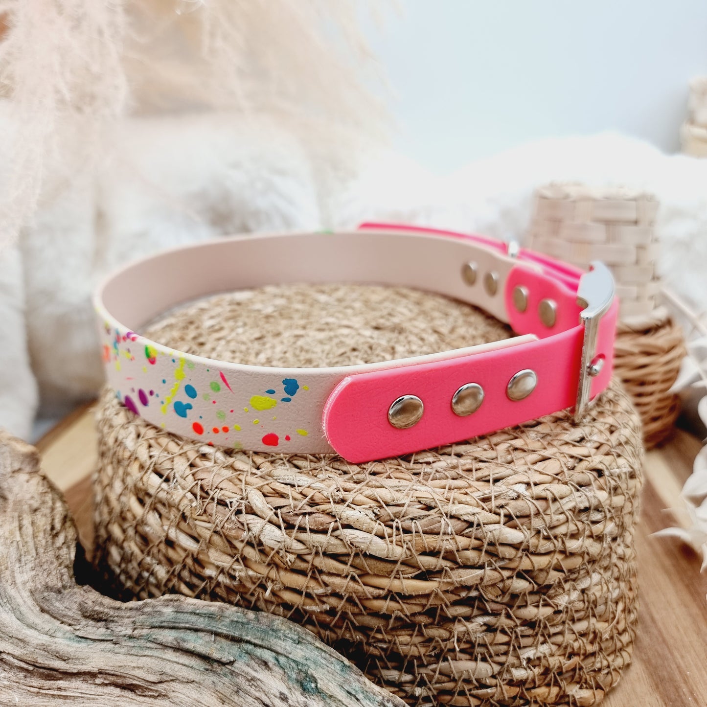 Nude Splash & Neon Pink - two-coloured Biothane Dog Collar