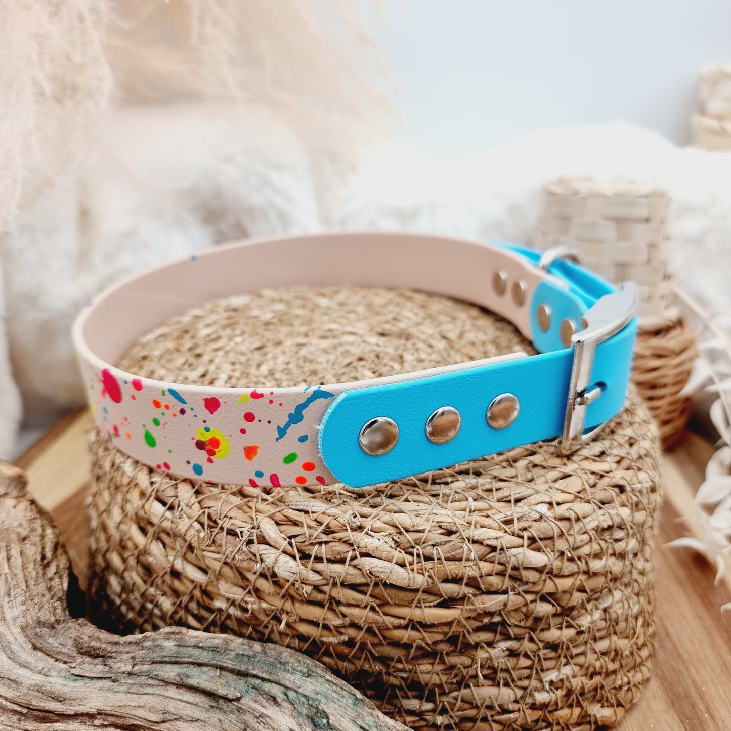 Nude Splash & Neon Blue - two-coloured Biothane Dog Collar