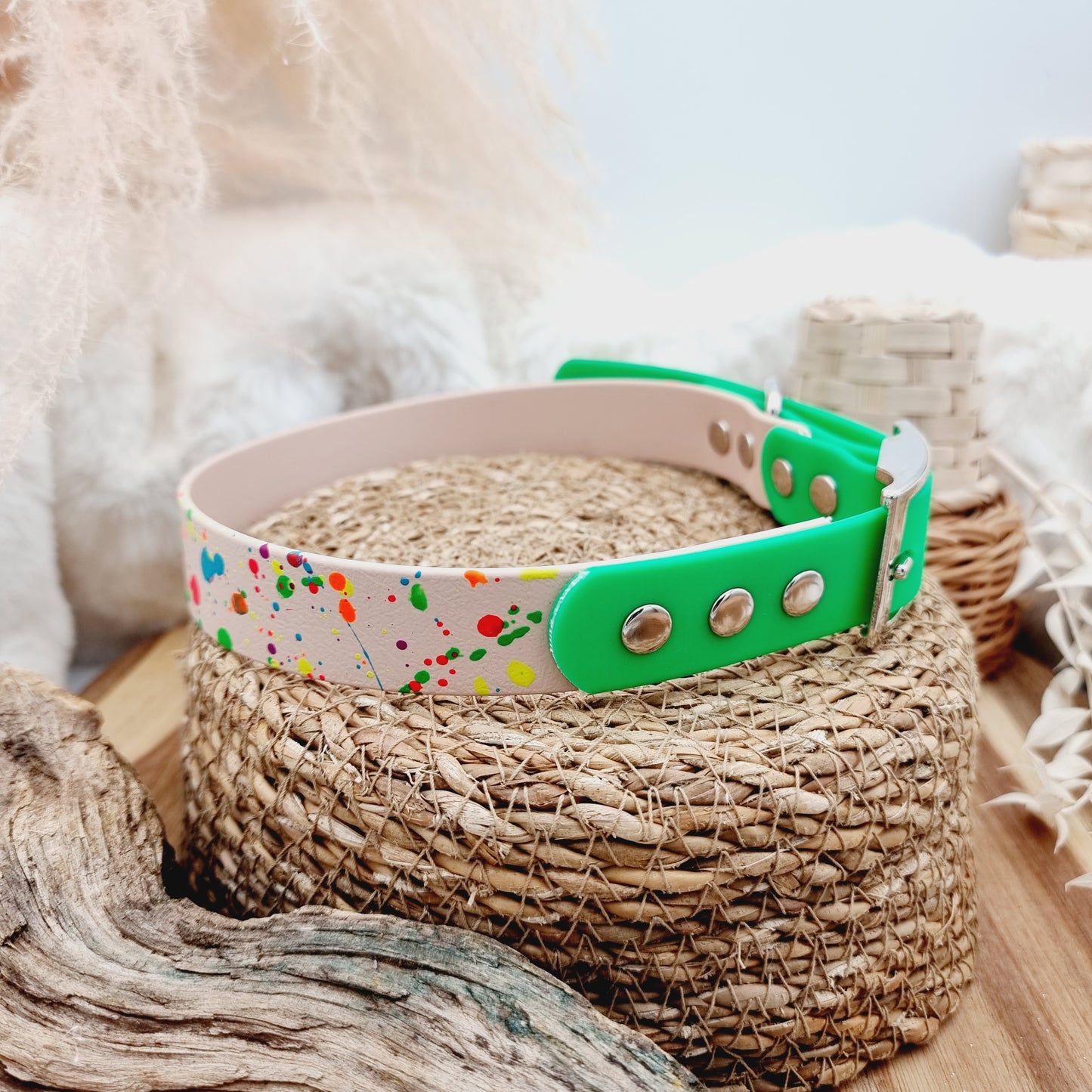 Nude Splash & Neon Green - two-coloured Biothane Dog Collar