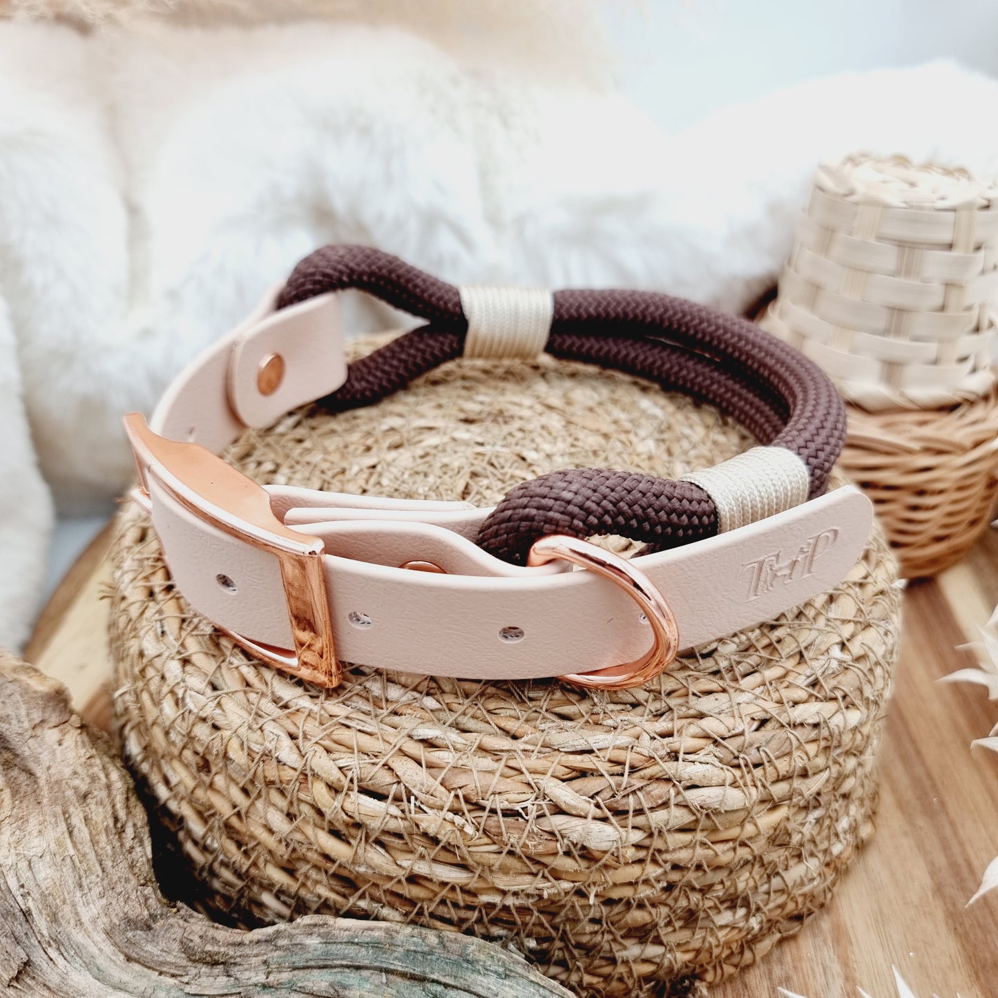 Dark Brown & Powder Pearl (Size XL) - Rope Biothane Dog Collar