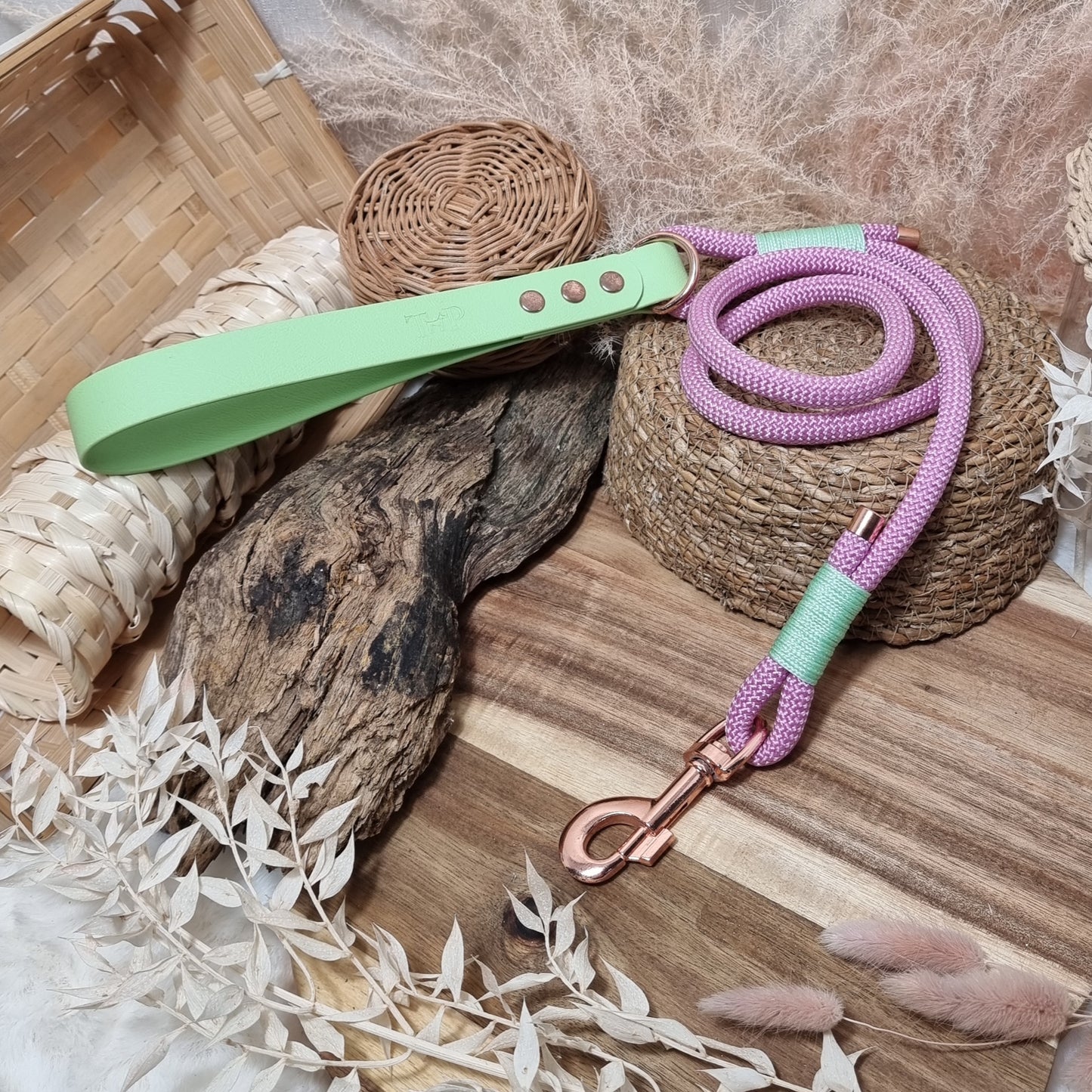Pastel Pink/Pistachio RG (120cm length) *wide 25mm handle Rope Biothane Dog Lead