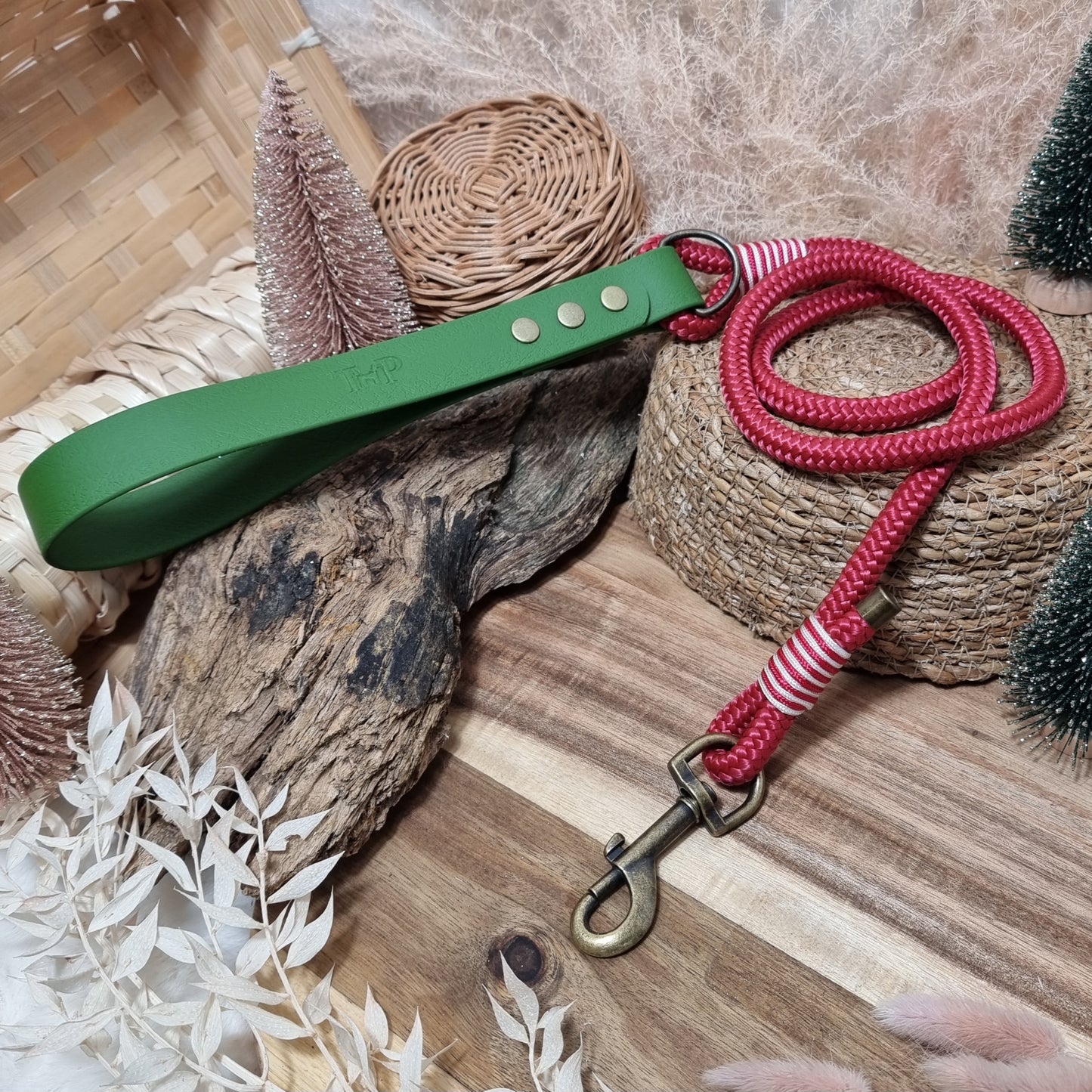 Red & Olive  (120cm length) Rope Biothane Dog Lead - *25mm wide handle