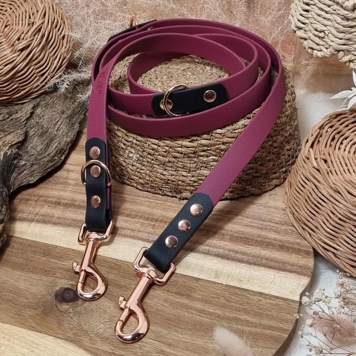 Burgundy & Black - 180cm (6ft) Waterproof Webbing Dog Training Lead (double-ended Lead)