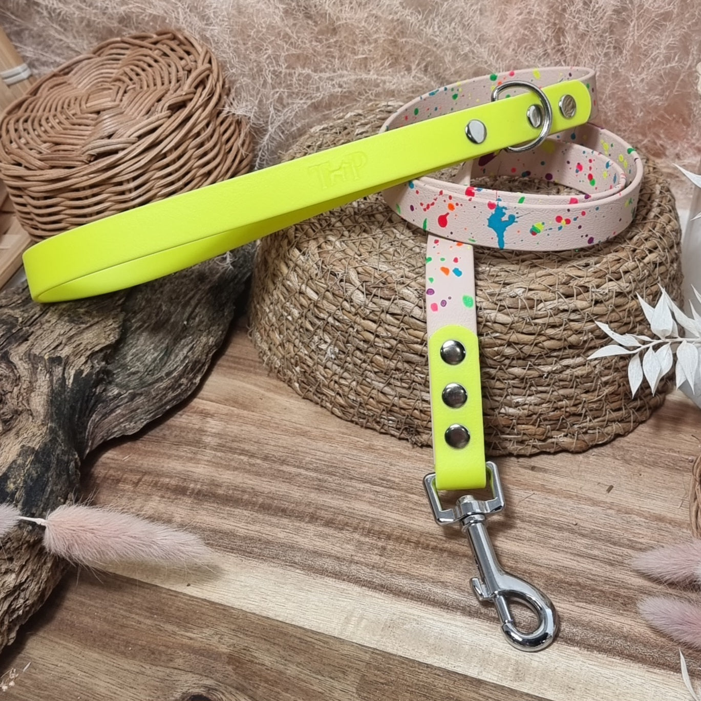 Nude & Neon Yellow Splash - (120cm length / Regular) Biothane Dog Lead