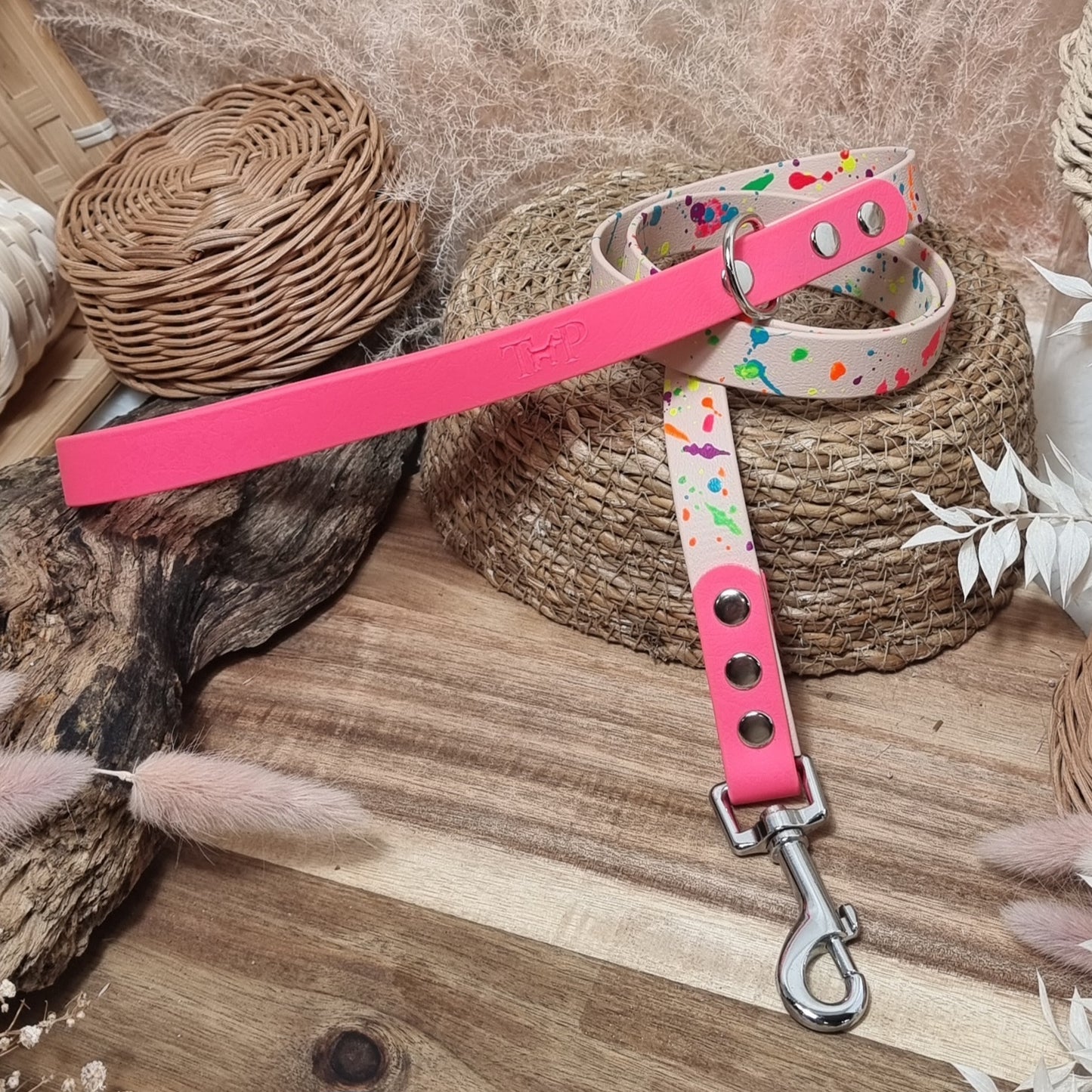 Nude & Neon Pink Splash - (120cm length / Slim) Biothane Dog Lead