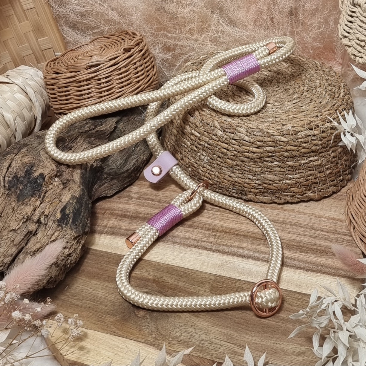 Cream & Pink - (90cm length / 10mm Rope) Rope Dog Slip Lead